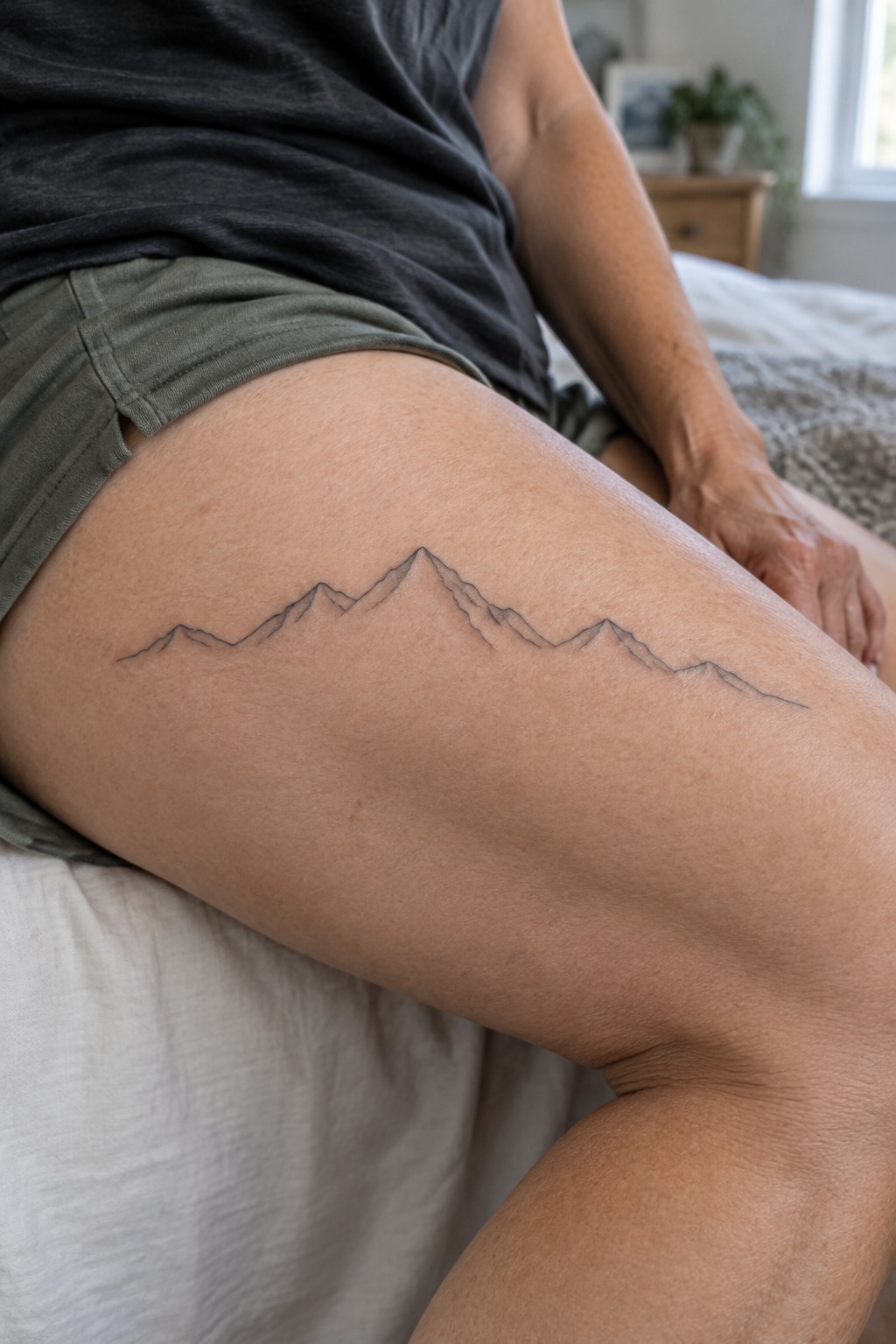 Fine line tattoo of a mountain range outline on the upper thigh of a woman in casual clothing.