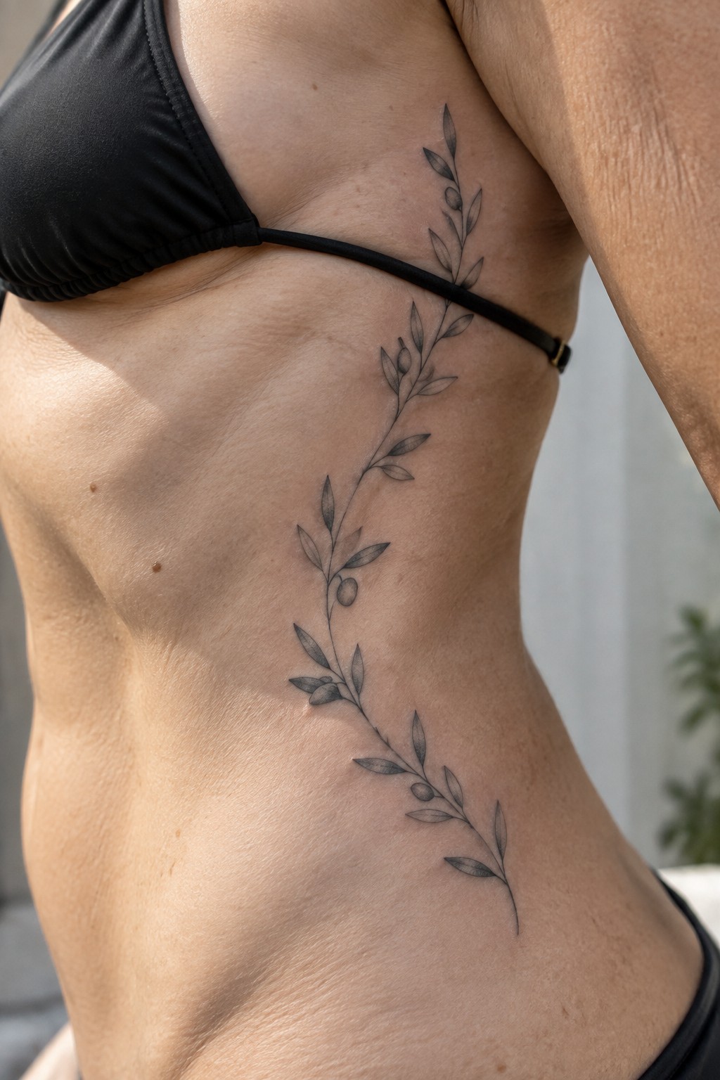 Black bikini top and olive branch tattoo along side torso