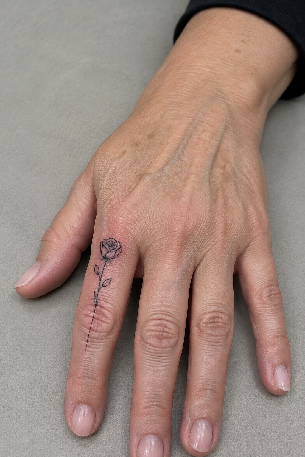 Fine line rose tattoo with stem and leaves on the side of a finger.
