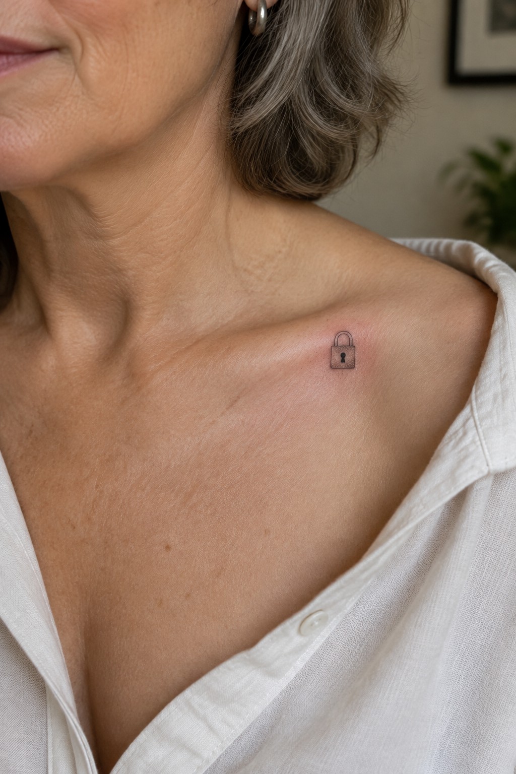 Woman's shoulder with small padlock tattoo above white shirt collarline