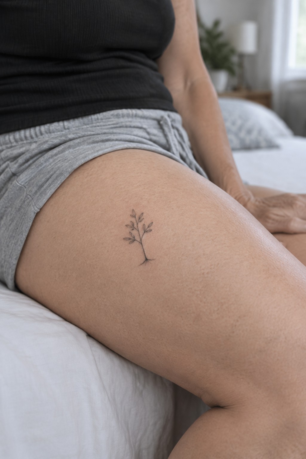Person's thigh with small plant tattoo, wearing black top and gray shorts on bed