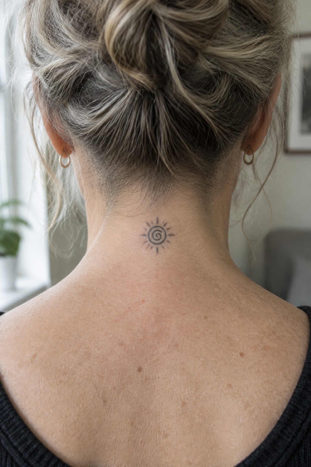 Messy blonde bun above small sun spiral tattoo on woman's neck wearing black top