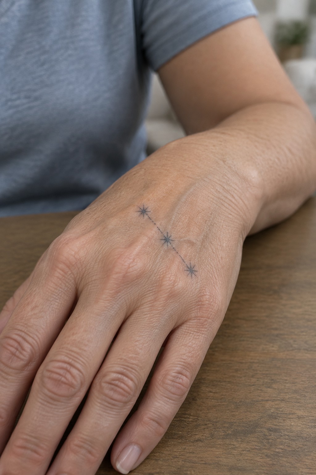 Hand with three connected star tattoos resting on wooden table near blue shirt