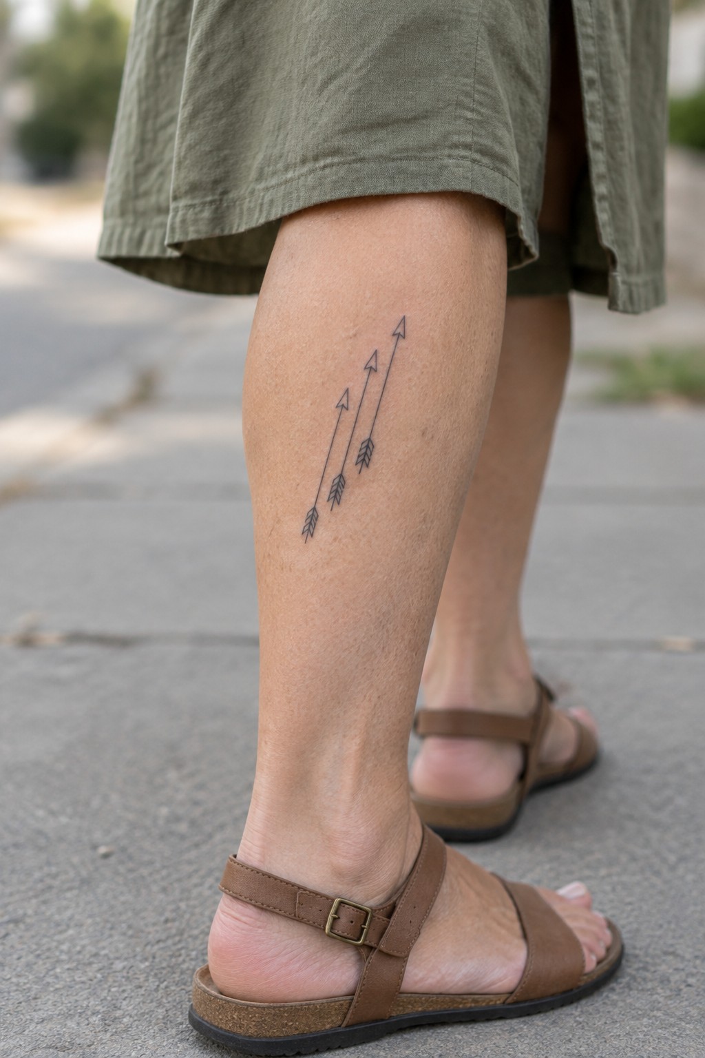 Three upward arrow tattoos on leg above brown sandals and green garment.