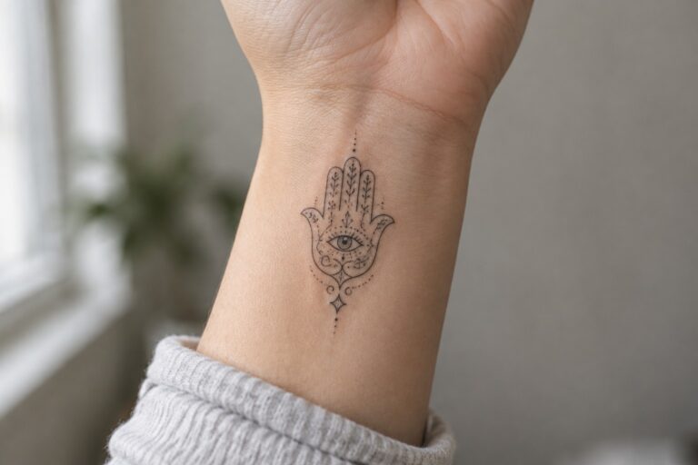 25 Protective Hamsa Tattoos for Women Featuring Ornamental Eye Motifs Fine line hamsa tattoo with central eye and leaf details on the inner wrist
