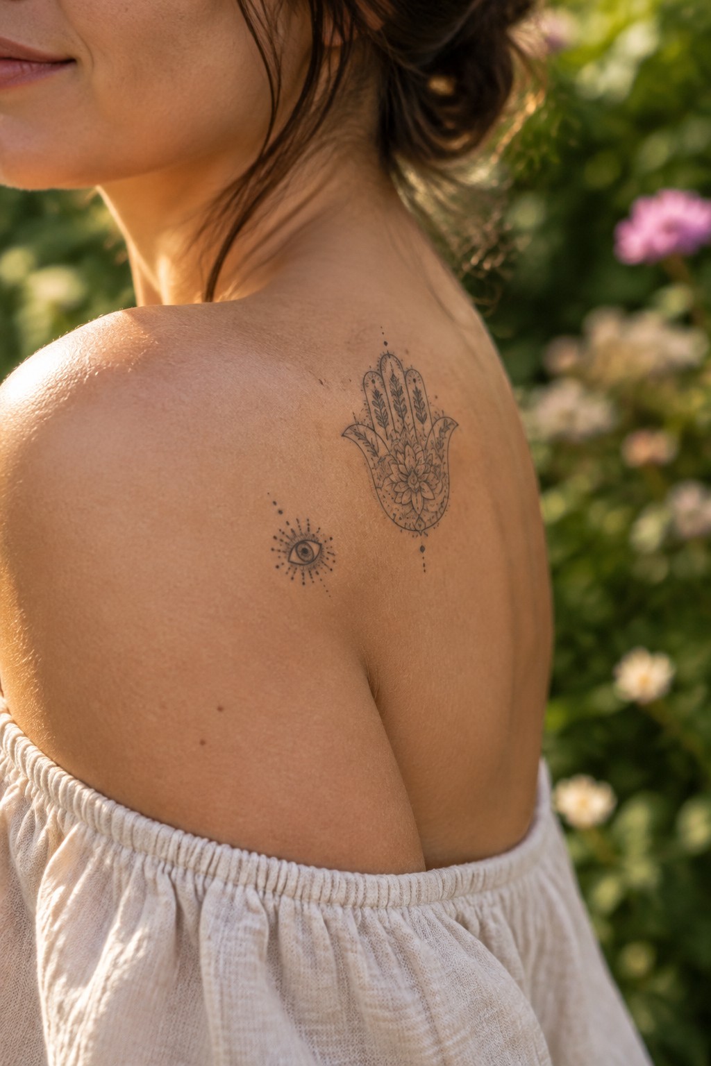 Woman's sunlit shoulder with eye and Hamsa tattoos above white off-shoulder top