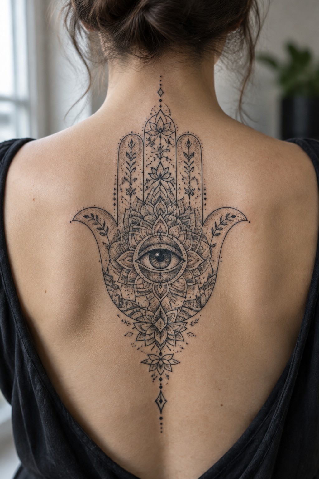 Black top reveals large ornate Hamsa tattoo with eye on upper back