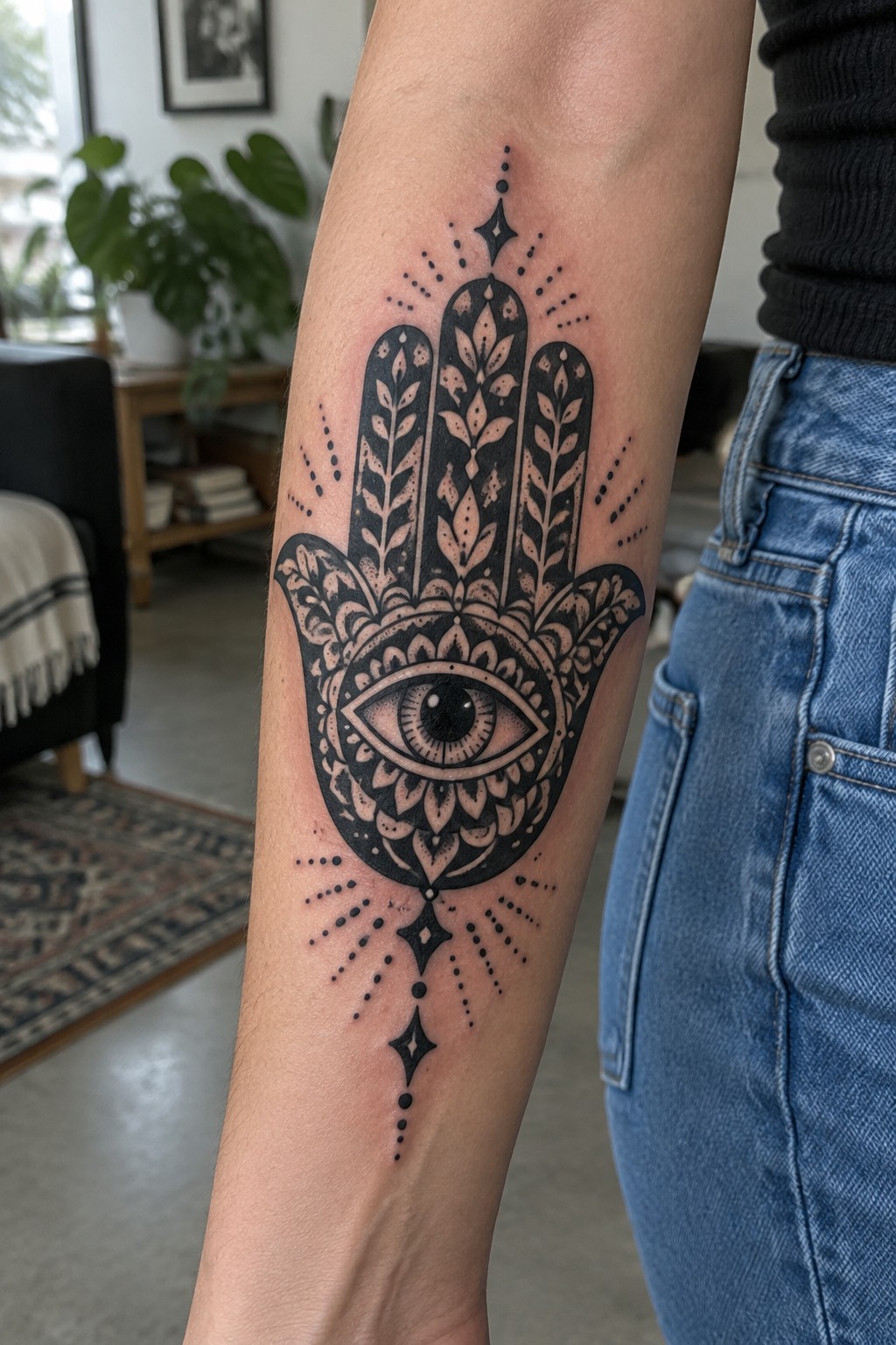 Black ink hamsa tattoo with central eye and floral details on a woman's inner forearm