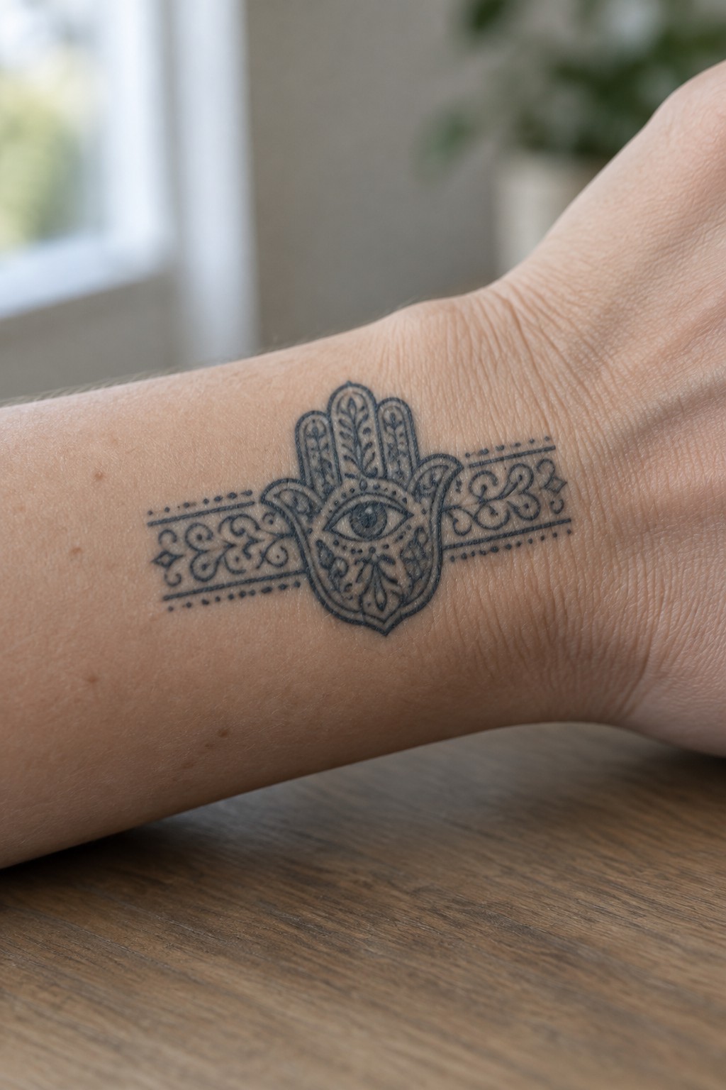 Ornate dark Hamsa tattoo with eye and floral patterns on light wrist over wood