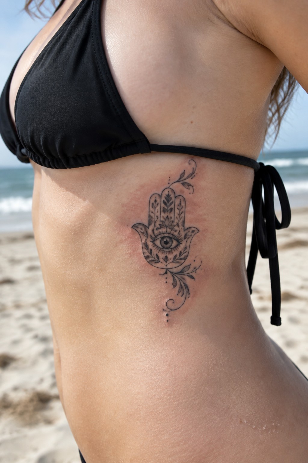 Close up of a hamsa hand tattoo with central eye and floral accents on a woman's ribcage at the beach