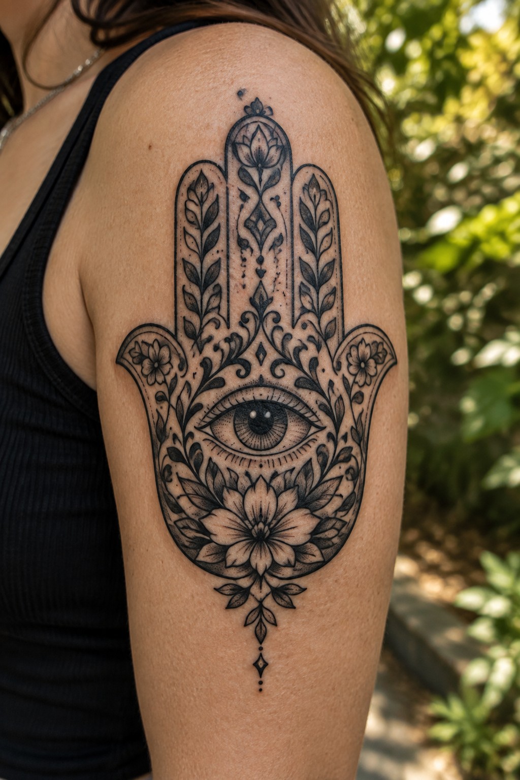 Detailed black Hamsa tattoo with eye, flowers, and leaves on upper arm.