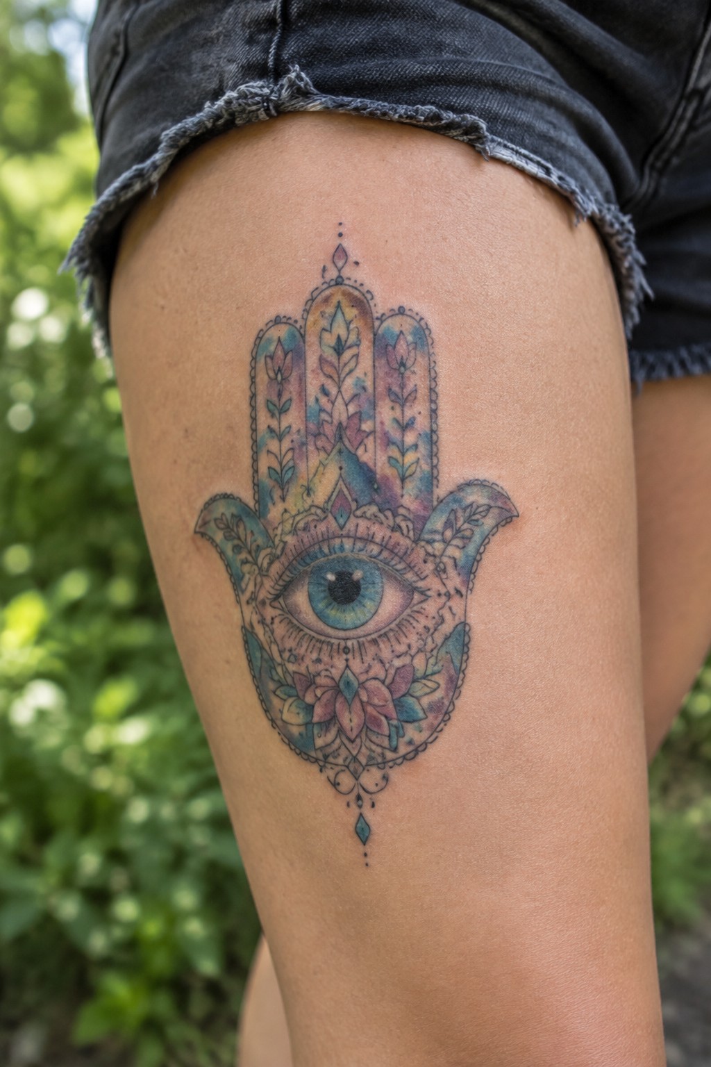 Colorful hamsa tattoo with central eye on upper thigh under denim shorts
