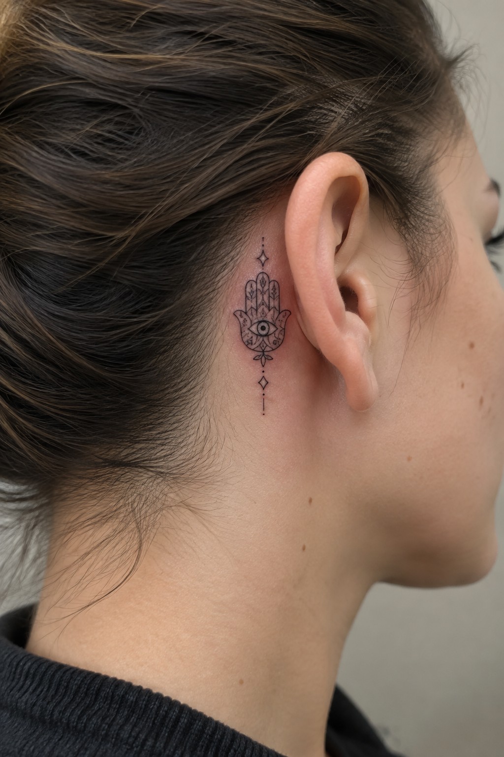 Intricate Hamsa hand and eye tattoo behind a woman's ear