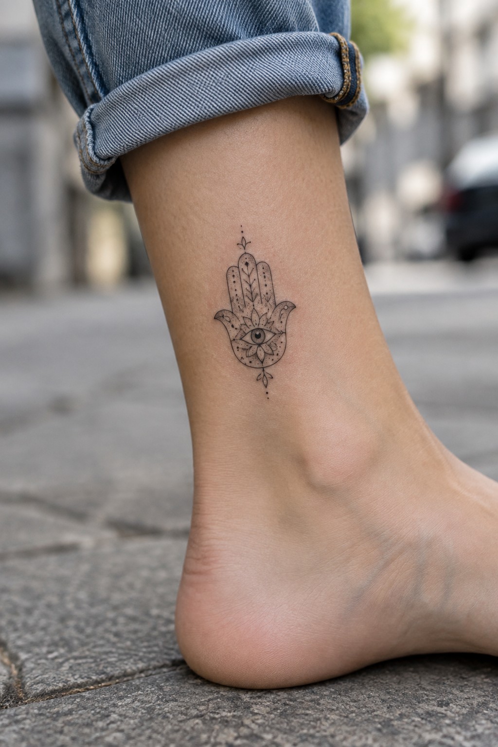 Fine line hamsa hand tattoo with central eye on the ankle