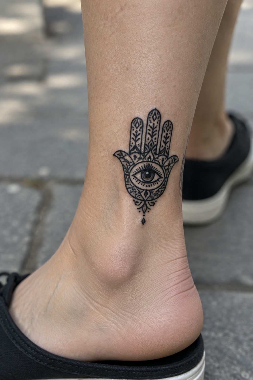 Ornate black Hamsa hand tattoo with eye on ankle above black shoe