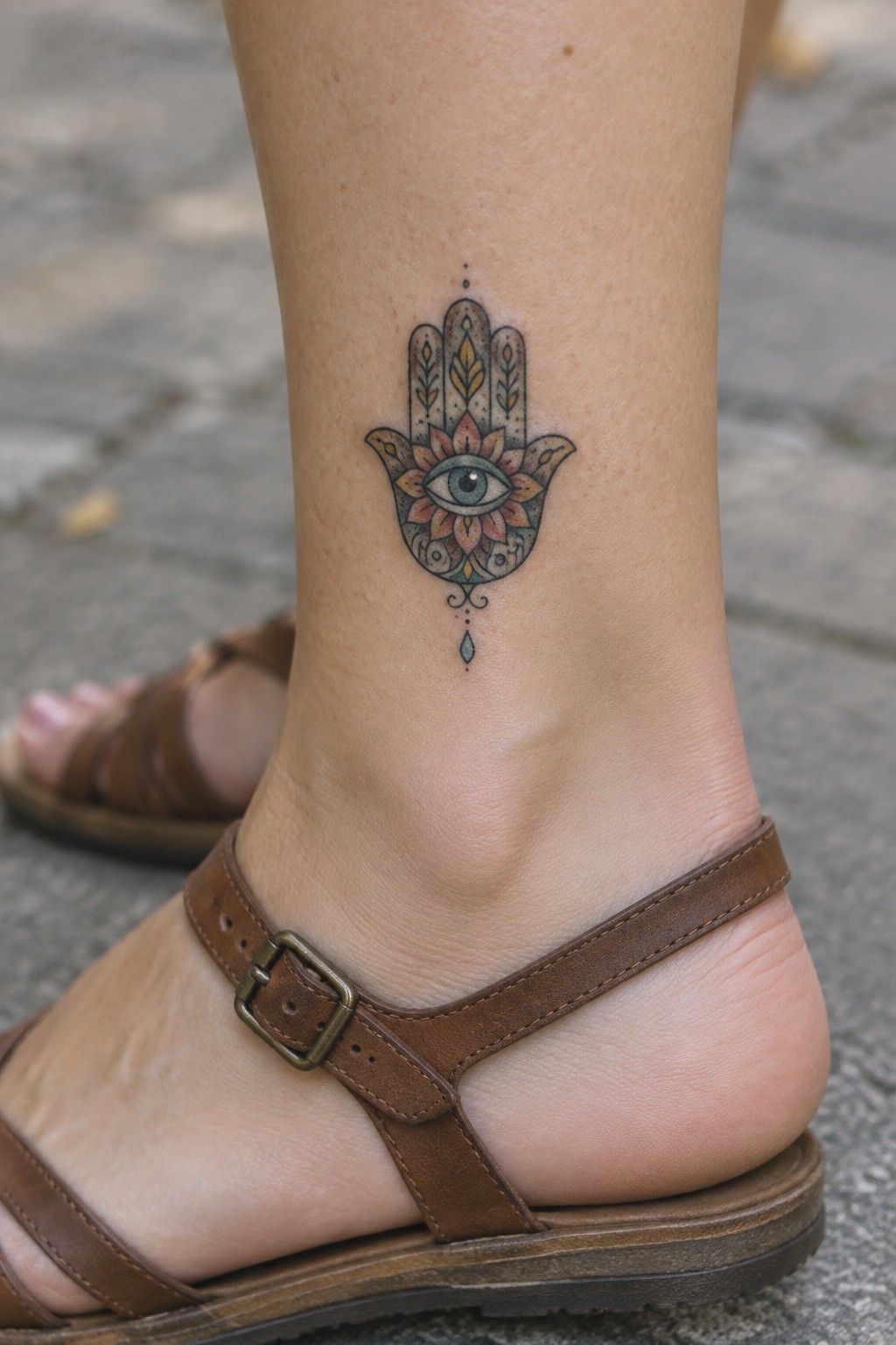 Colorful ornate Hamsa tattoo with eye on ankle above brown sandal strap