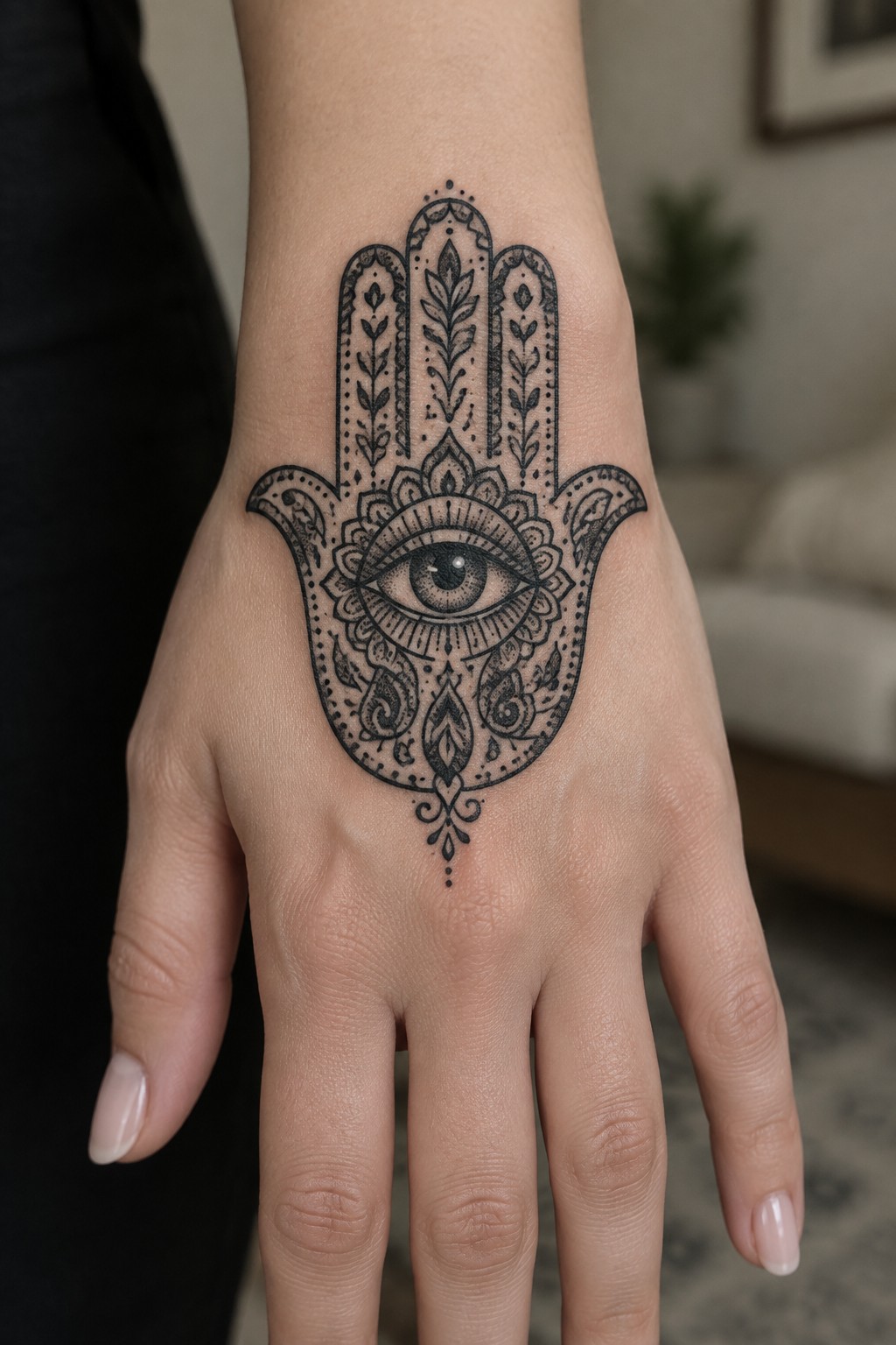 Detailed black ink Hamsa tattoo with eye on light-skinned hand.
