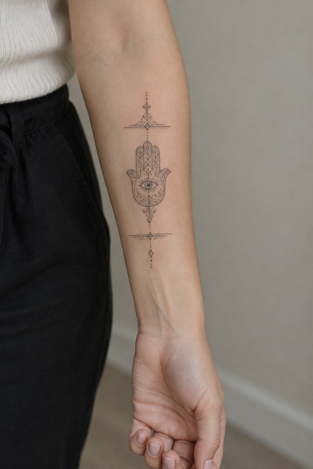 Arm with ornate black Hamsa hand-eye tattoo, white sweater and black pants.