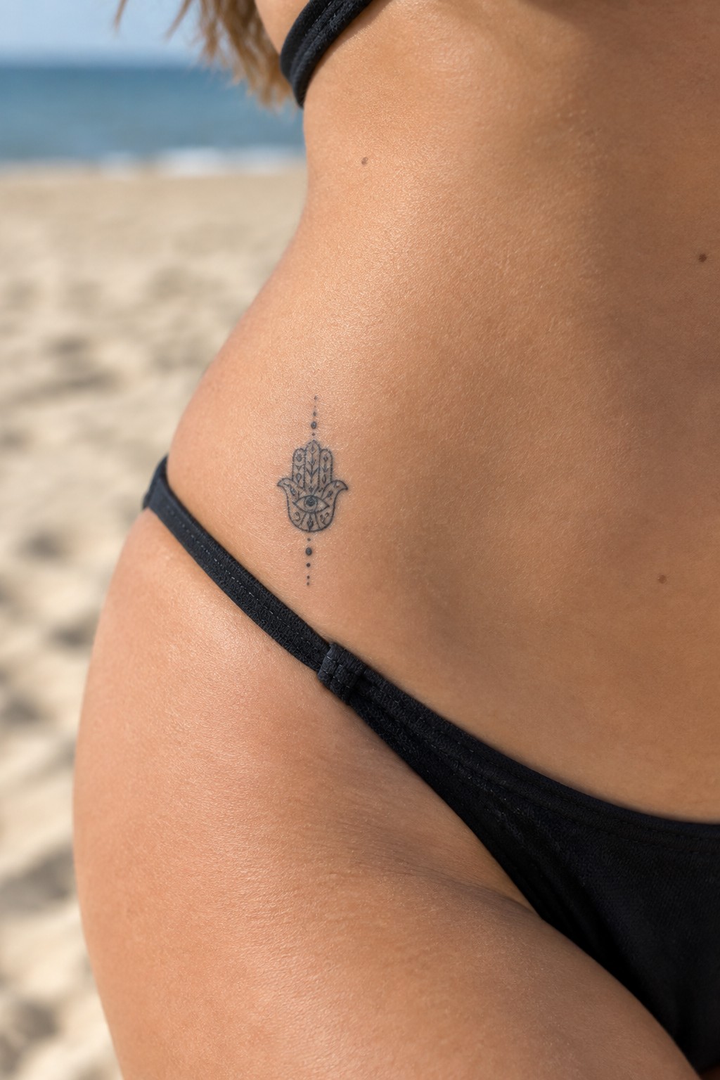 Woman's hip with black Hamsa tattoo above black bikini on sandy beach