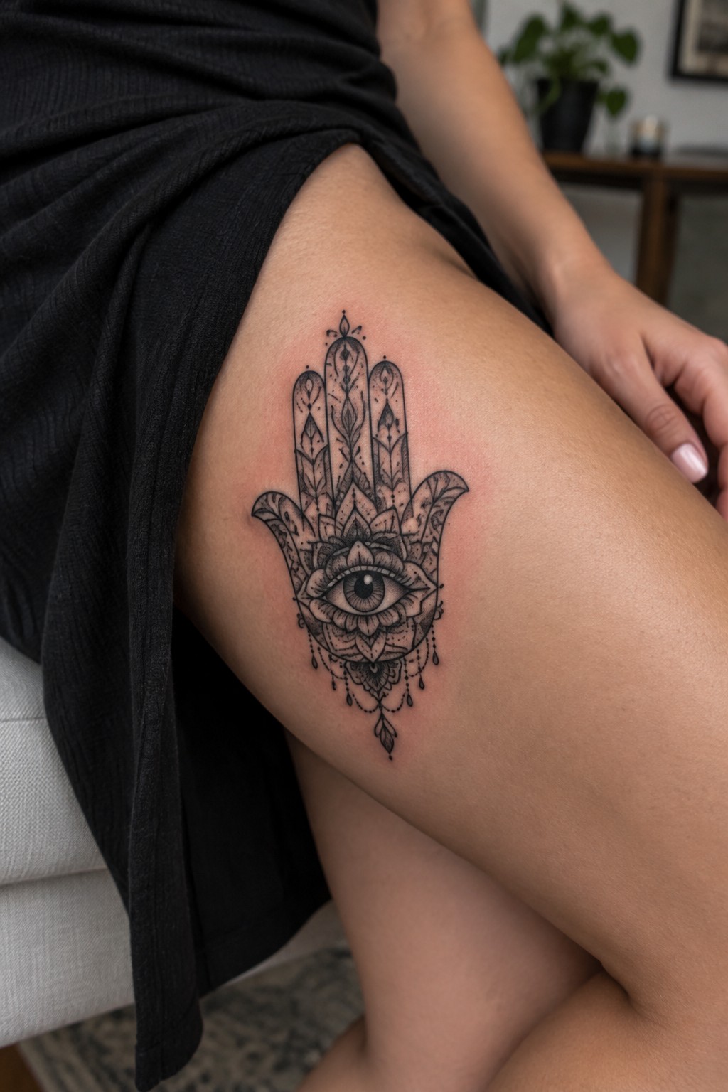 Intricate black Hamsa hand tattoo with eye on thigh beside black fabric.