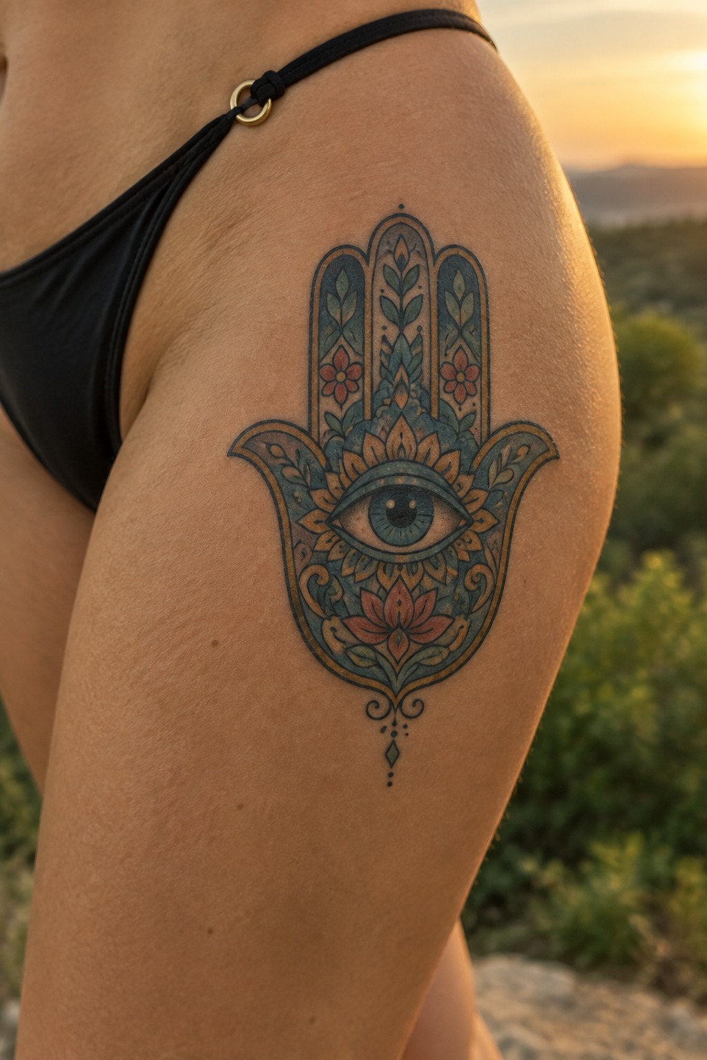 Hamsa hand tattoo with central eye on thigh beside black bikini at sunset