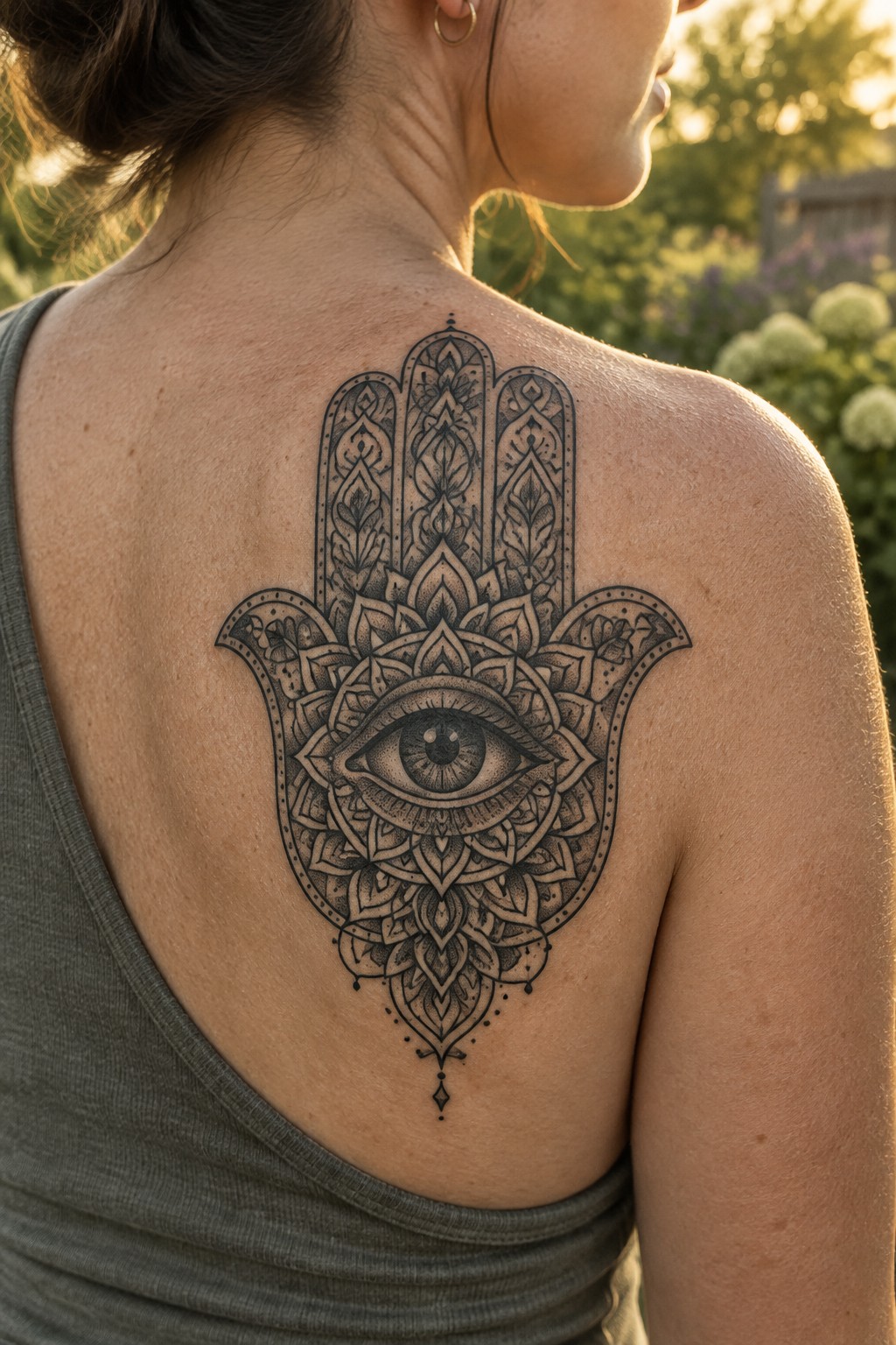 Woman's upper back with large ornate Hamsa eye tattoo in gray tank top outdoors