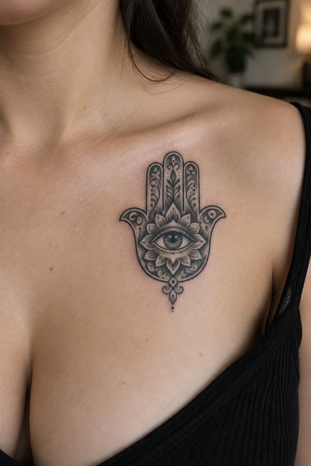 Intricate black Hamsa tattoo with eye and floral details on upper chest above black top.