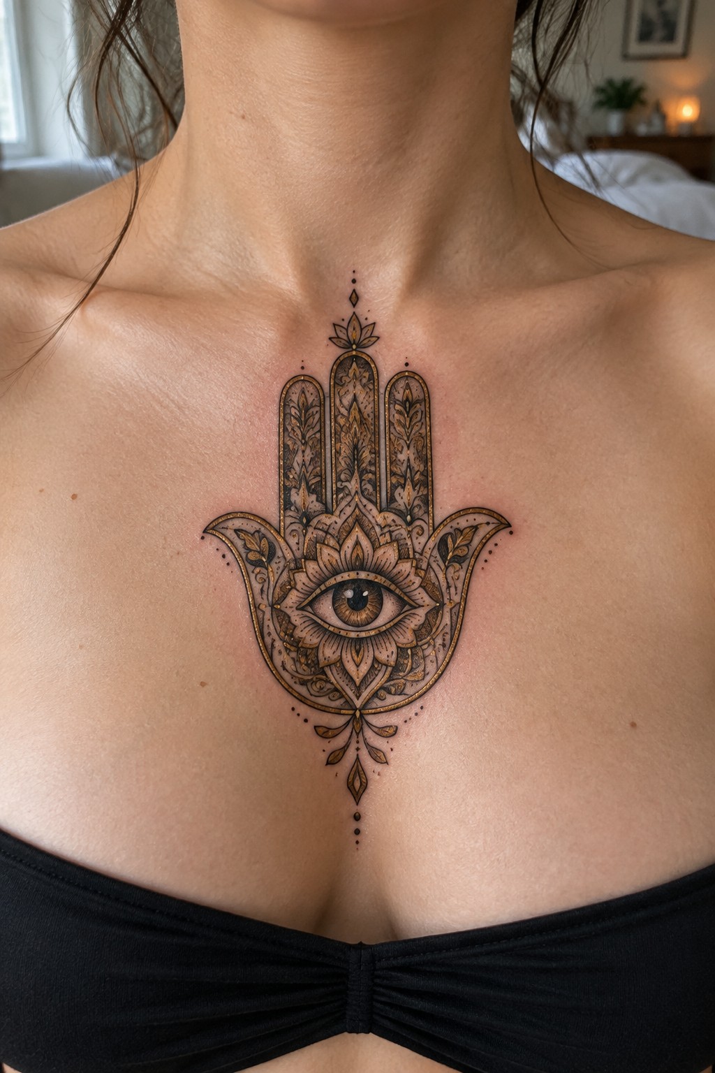 Intricate gold-and-black Hamsa tattoo with eye on chest above black top.
