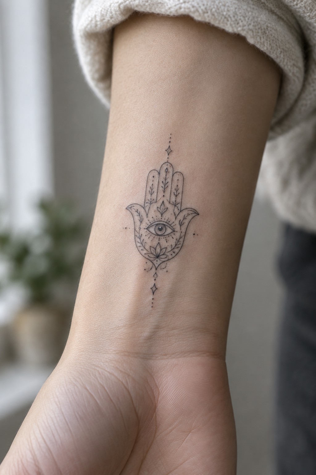 Fine line hamsa tattoo with central eye and leaf details on the inner wrist