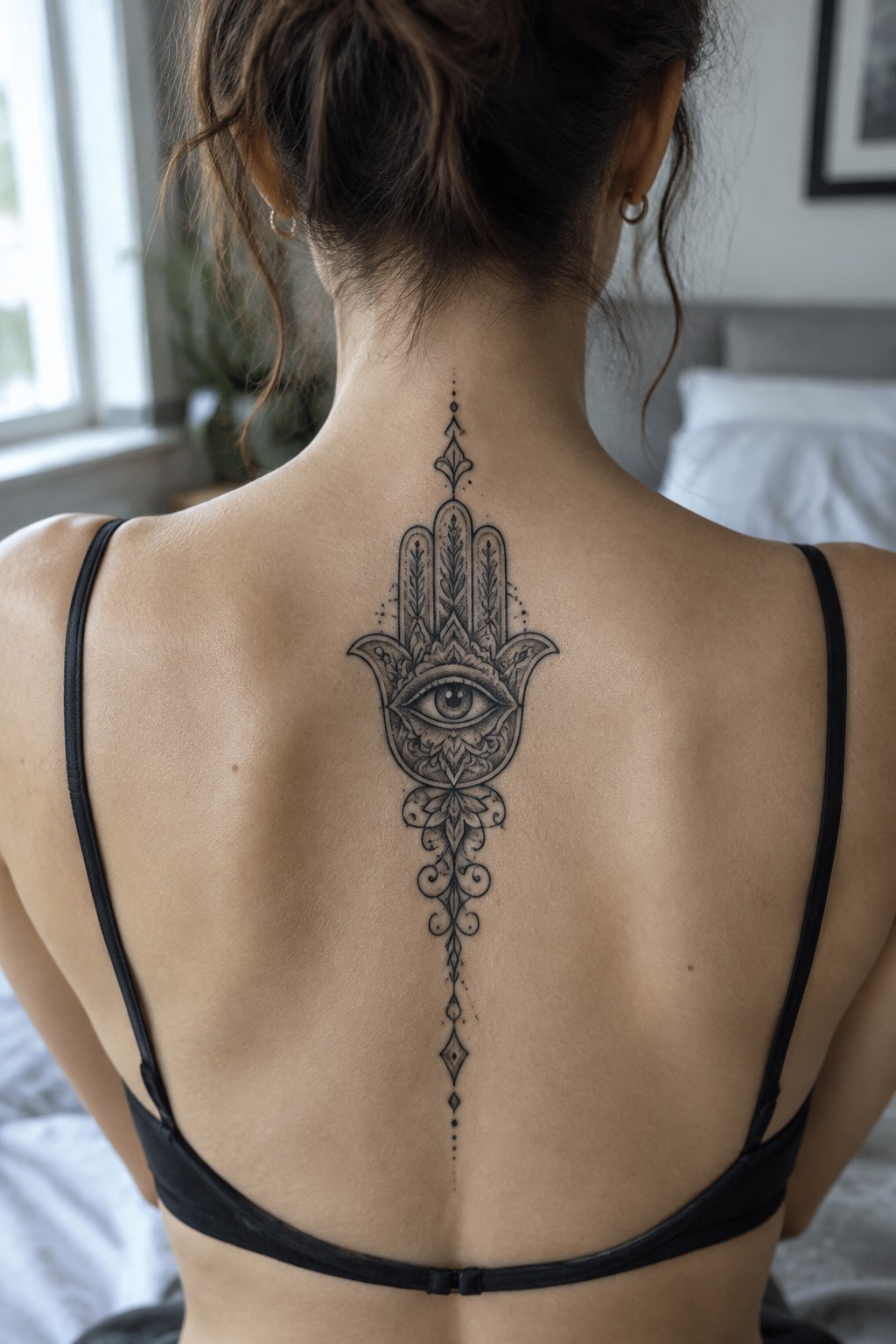 Woman's back with ornate black Hamsa tattoo featuring eye above black bra