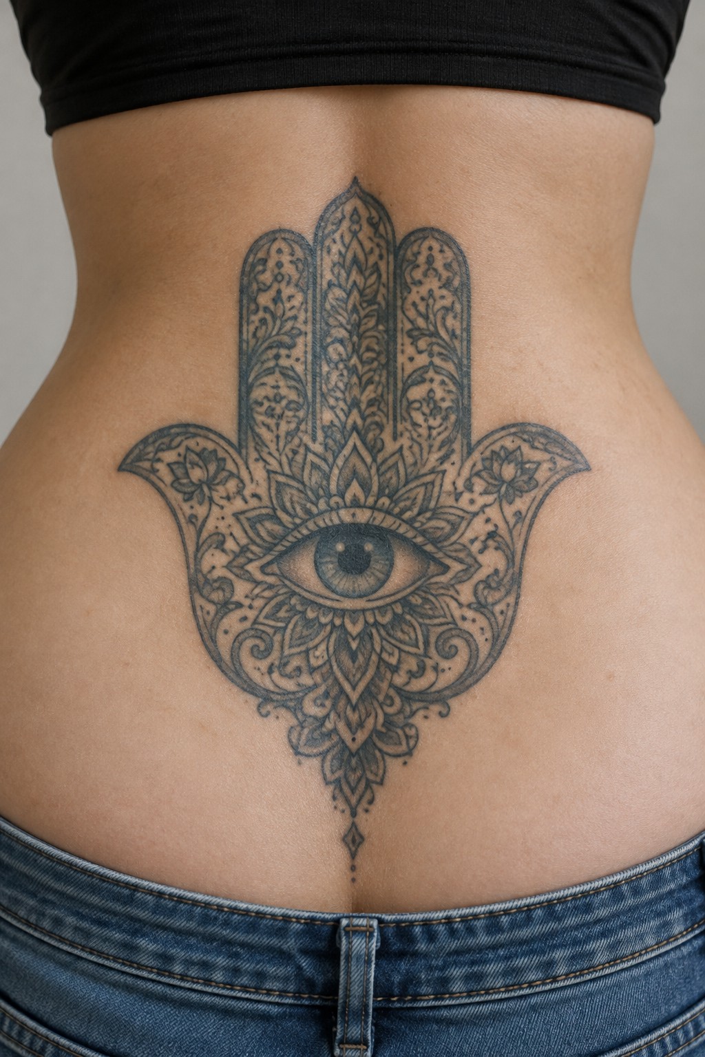 Intricate black Hamsa tattoo with eye on lower back above blue jeans