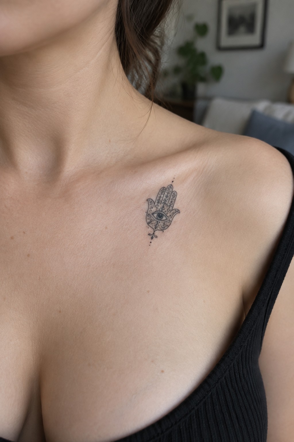 Hamsa hand tattoo with eye on fair skin above black ribbed top