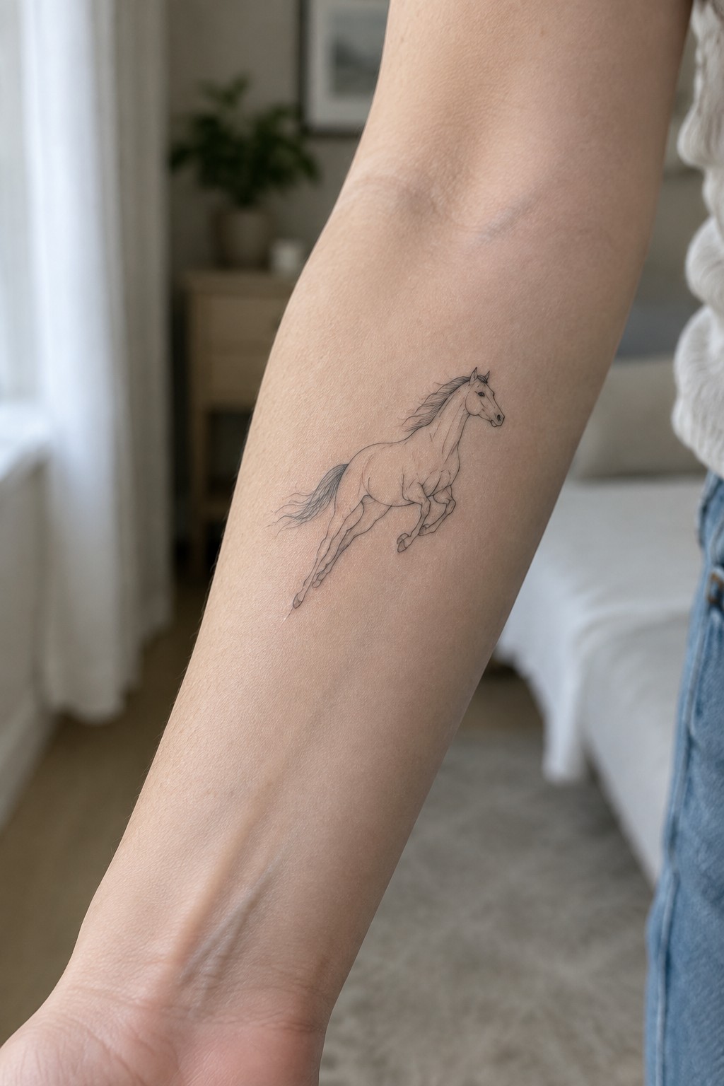 Fine line tattoo of a running horse on the inner forearm showing the full body in motion.