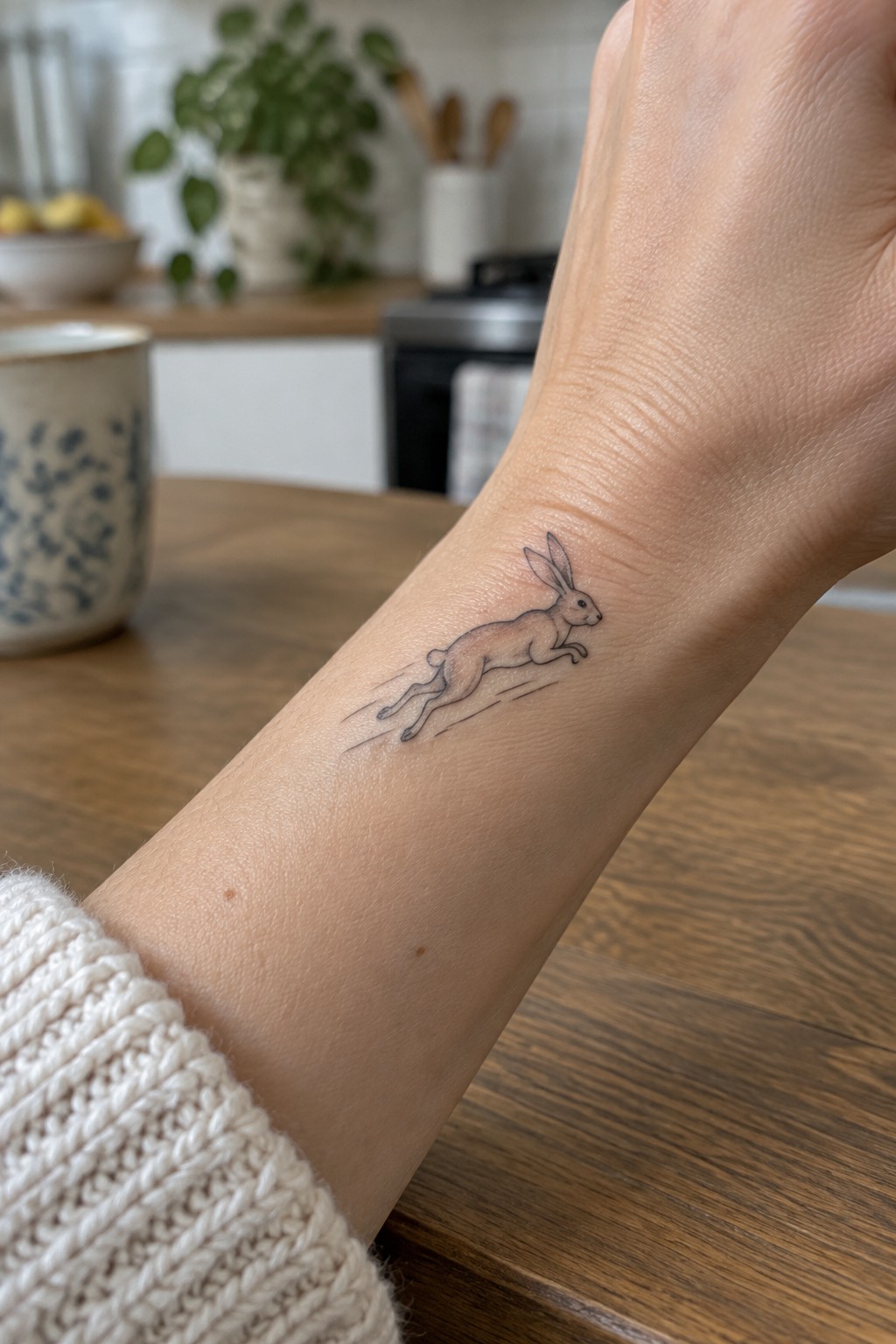 Brown rabbit tattoo mid-leap on wrist above white knit sweater cuff
