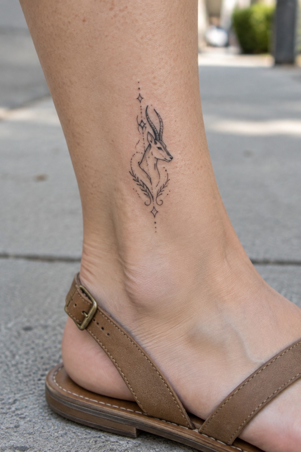 Fine line antelope tattoo with stars and leaves on ankle above brown sandal