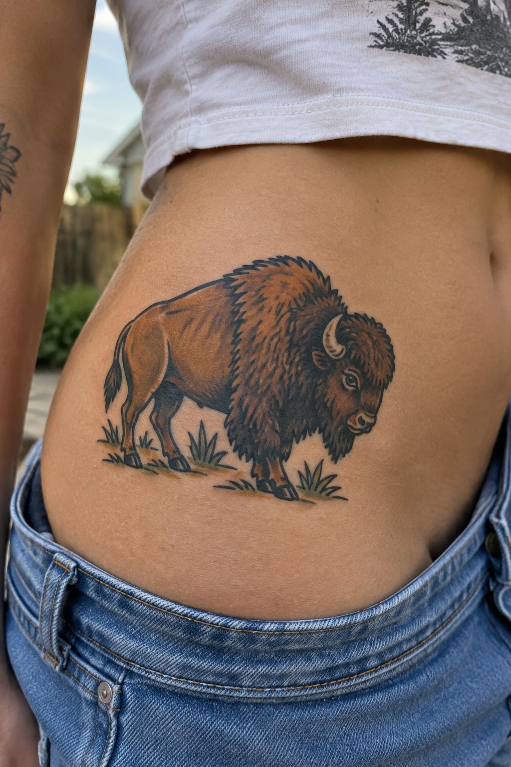 Large brown bison tattoo on hip above blue jeans and white shirt