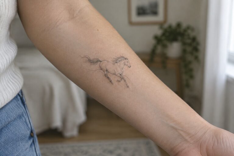 21 Rugged Western Animal Tattoos for Women Featuring Horses and Desert Wildlife Fine line tattoo of a running horse on the inner forearm showing the full body in motion.