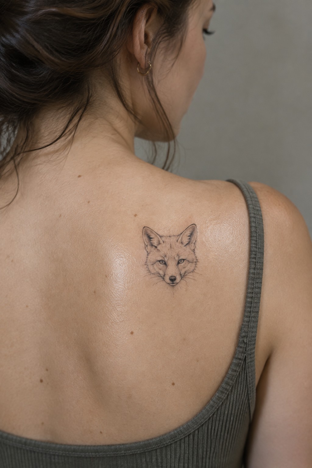 Woman's back with detailed fox tattoo above gray tank top strap
