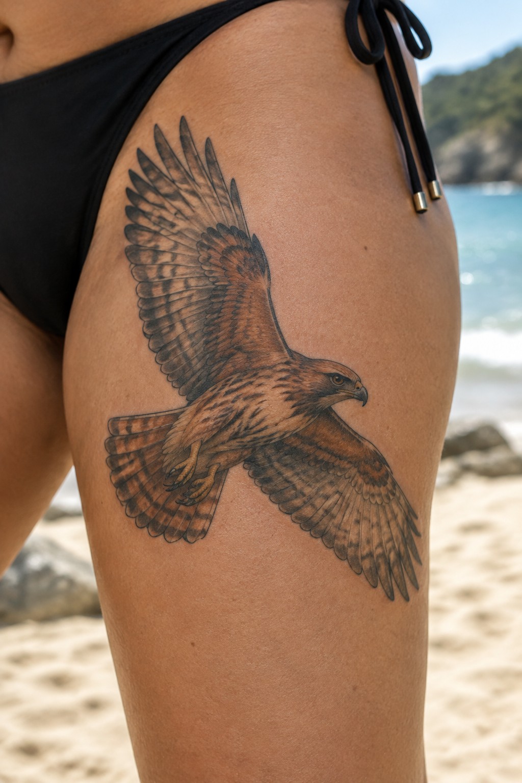 Realistic brown hawk tattoo in flight on thigh near black bikini at beach