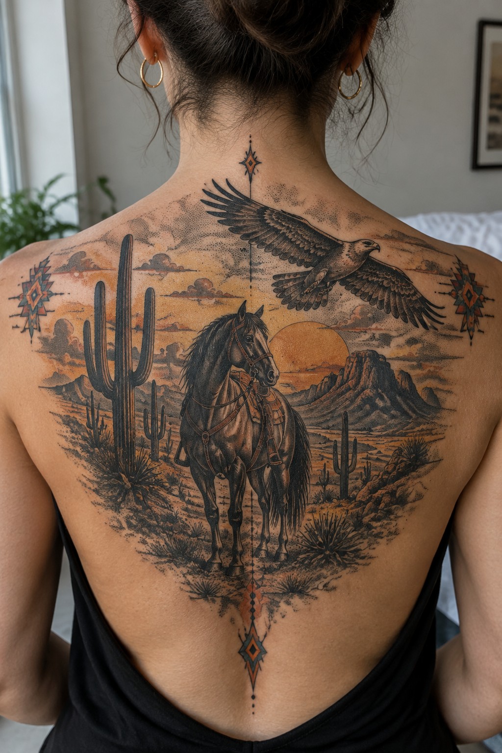 Woman's back with black top and large desert tattoo of horse, eagle, and cacti