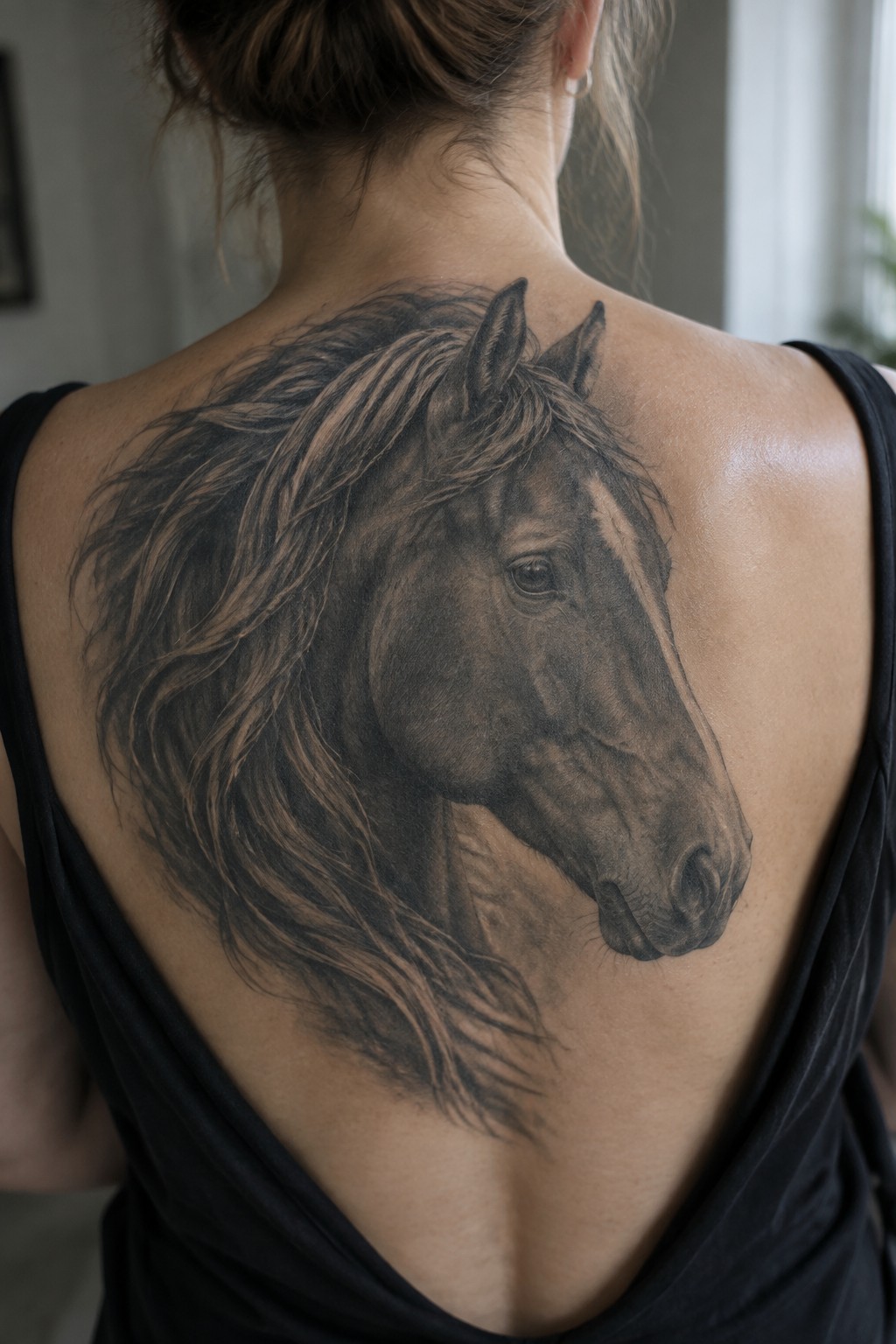 Realistic black and gray horse head tattoo on woman's back in black tank top.