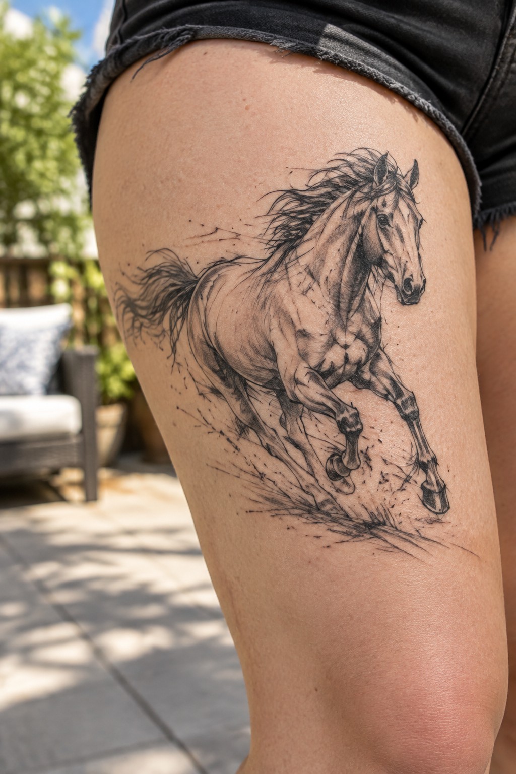 Realistic black ink horse tattoo on thigh under frayed black shorts outdoors