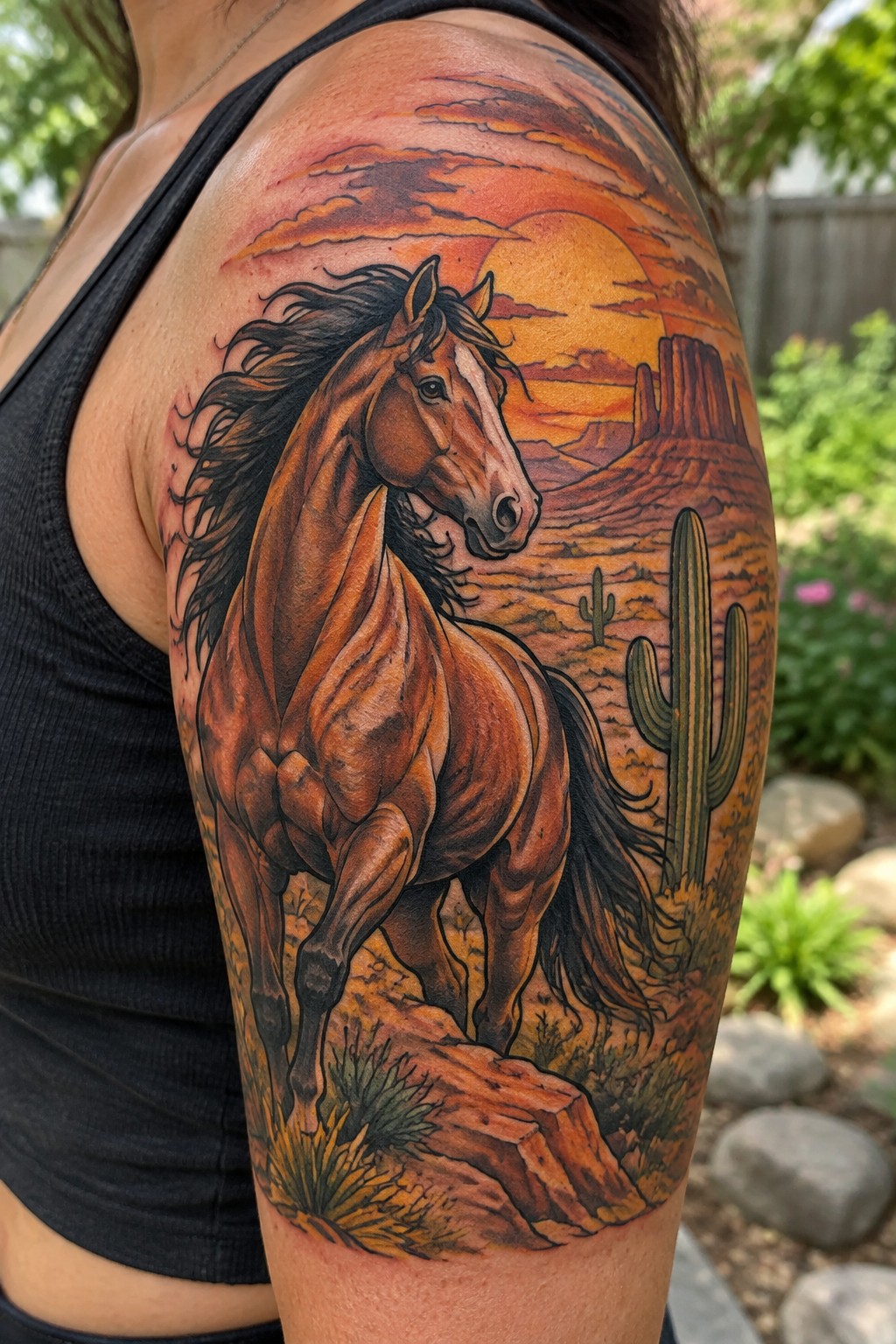 Realistic tattoo of brown horse galloping in desert sunset with cacti, on shoulder above black tank top.
