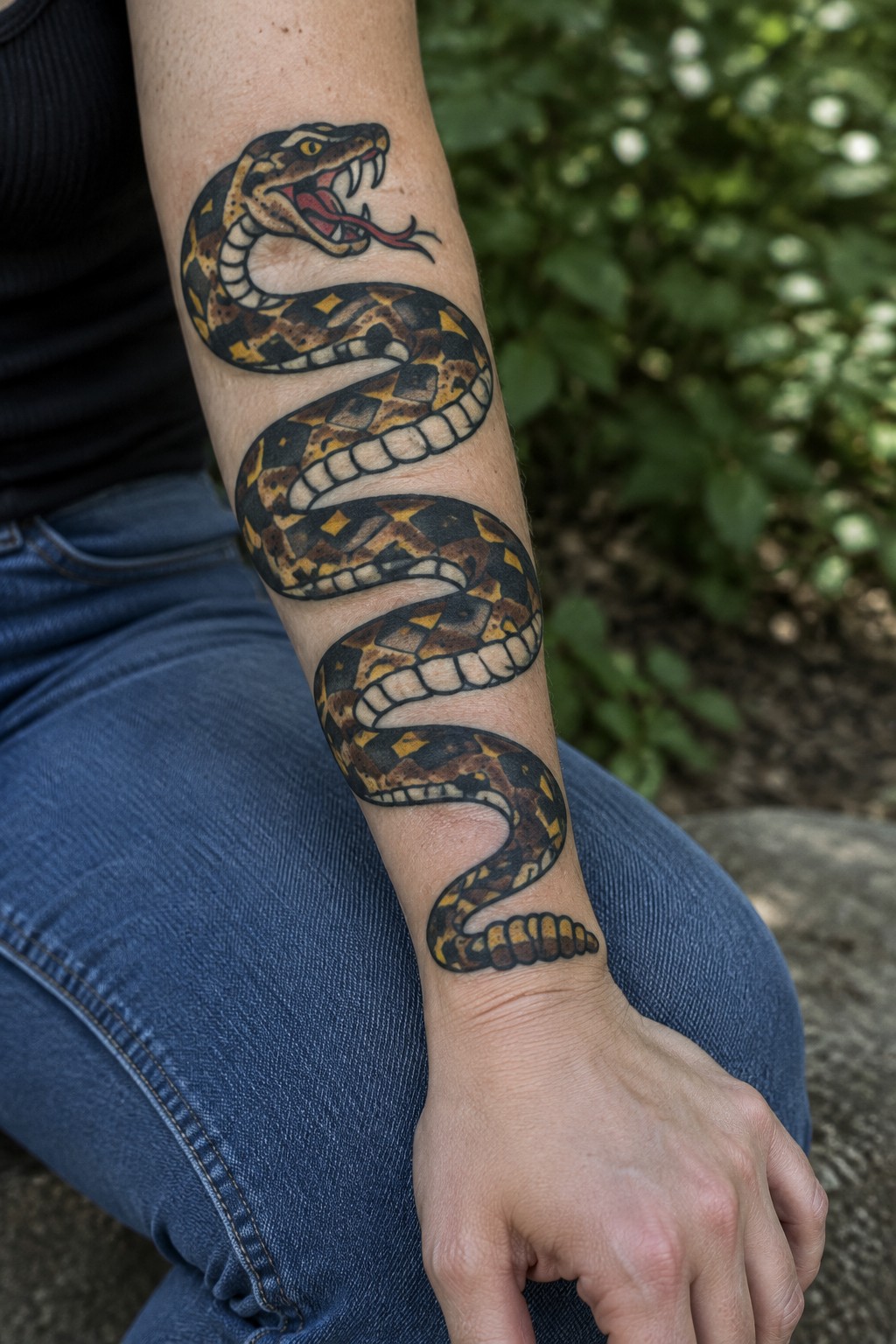 Coiled colorful snake tattoo wrapping around a forearm above blue jeans