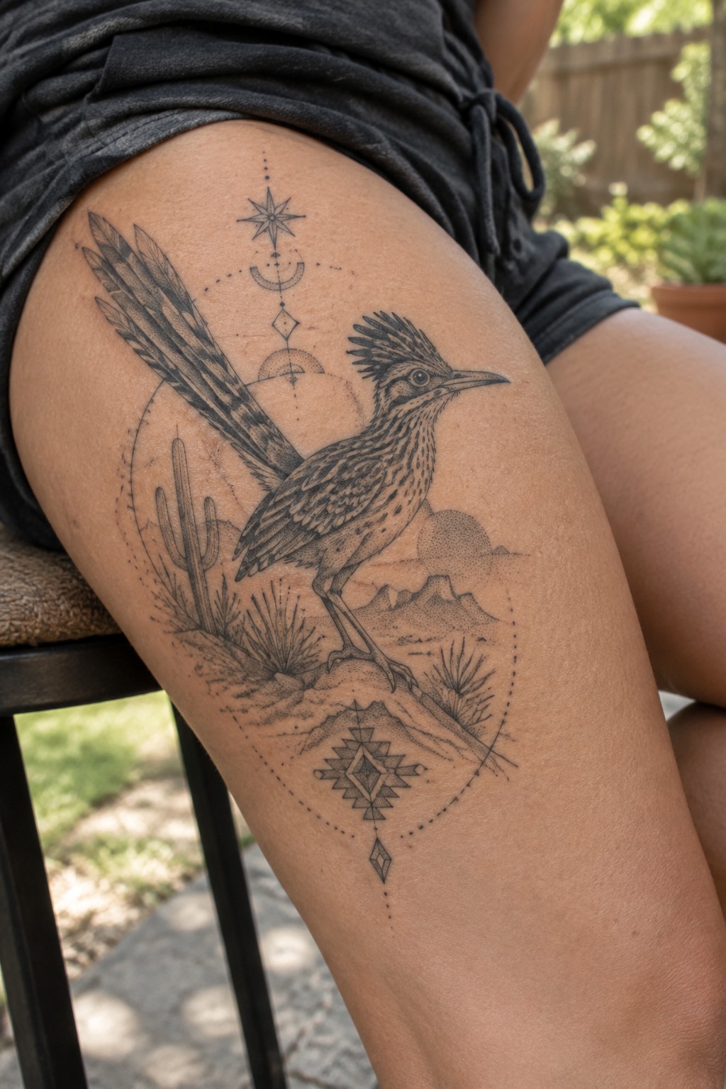 Roadrunner tattoo with desert cacti, mountains, and geometric symbols on thigh