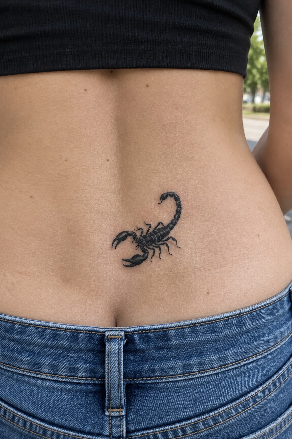Black scorpion tattoo on bare lower back above blue jeans and black crop top.