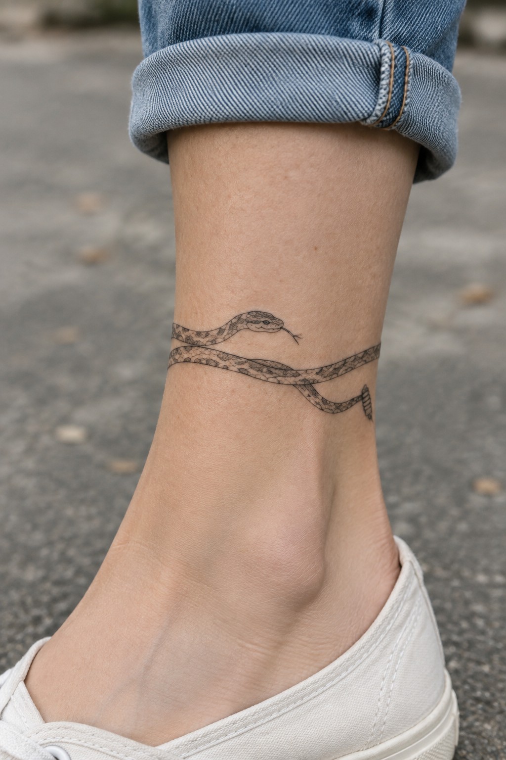 Fine line snake tattoo wrapped twice around a woman's ankle showing the head and tail on either side.