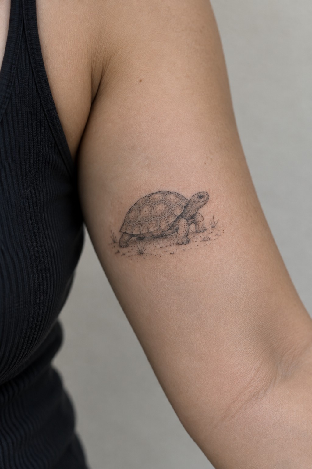 Fine line tortoise tattoo on the upper arm with shell details and a short ground line beneath it