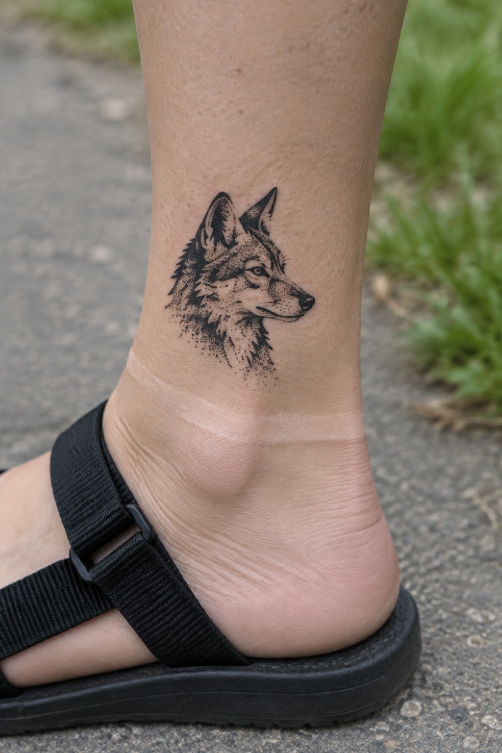 Black ink wolf head tattoo in profile view on the outer ankle above a black sandal strap.