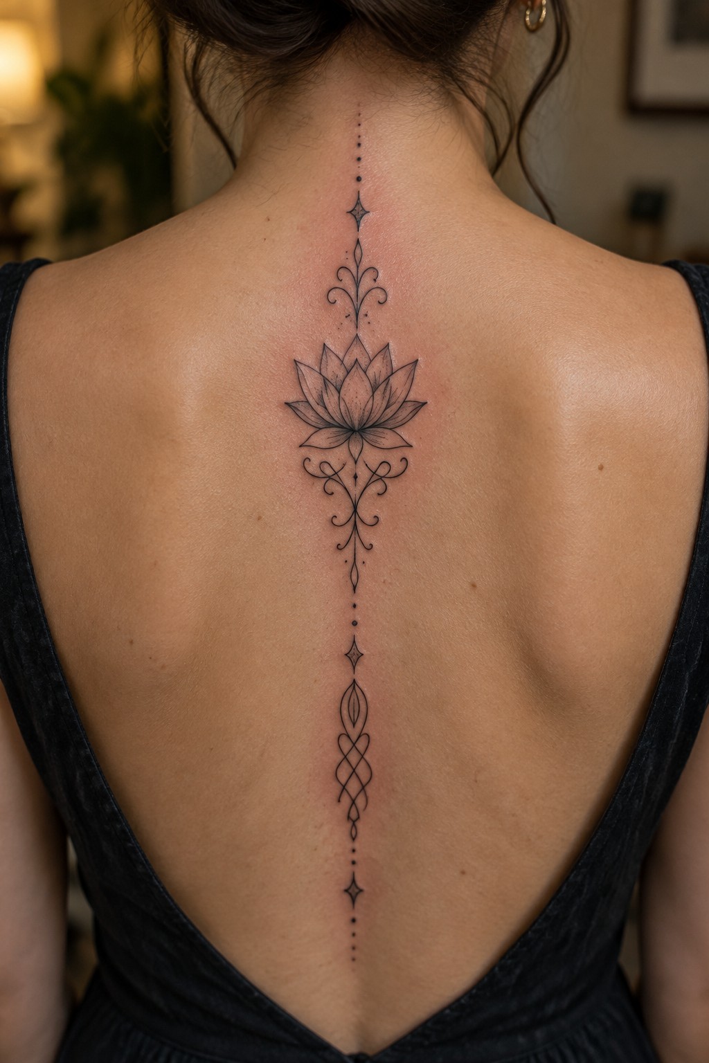 Black ornamental lotus tattoo centered along a woman's spine with fine line details and vertical extensions